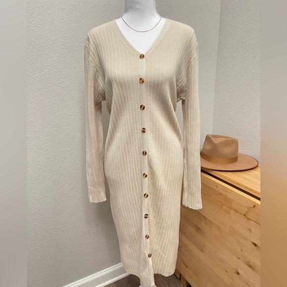 Classic Beige V-Neck Ribbed Dress - Picture 1 of 9